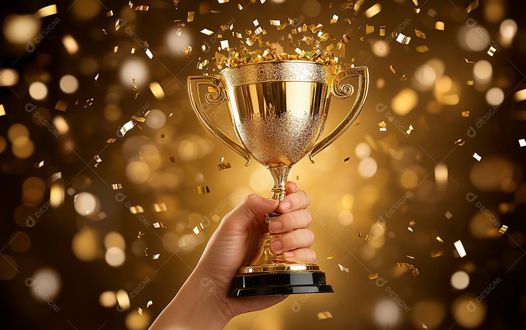 Mão segurando a taça de troféu de ouro com confete