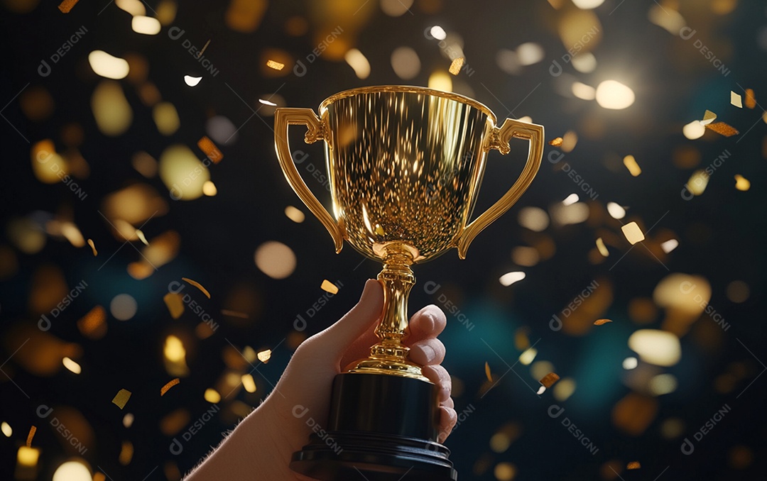 Mão segurando a taça de troféu de ouro com confete