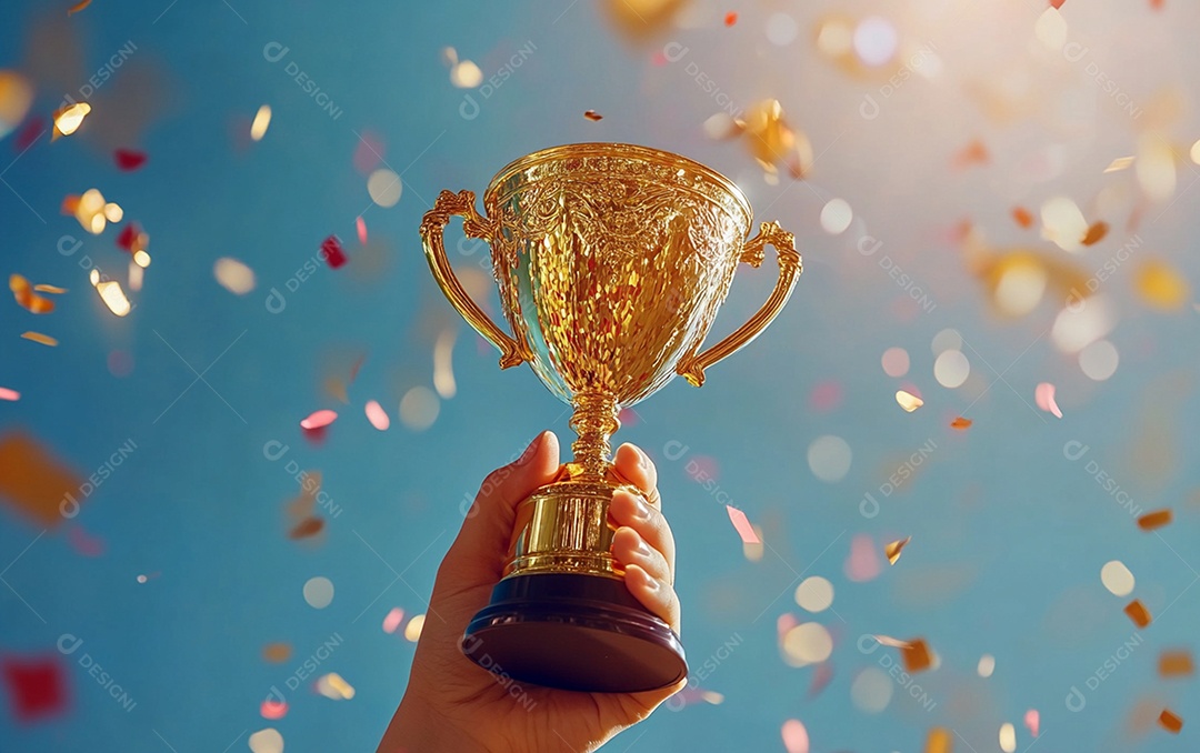 Mão segurando a taça de troféu de ouro com confete