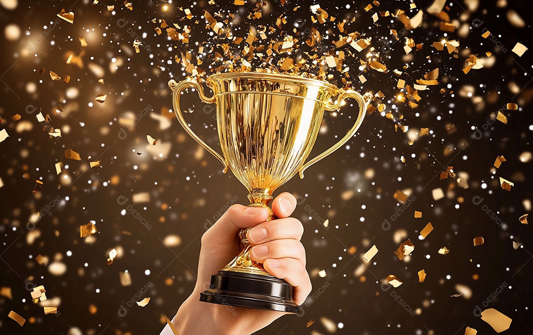 Mão segurando a taça de troféu de ouro com confete