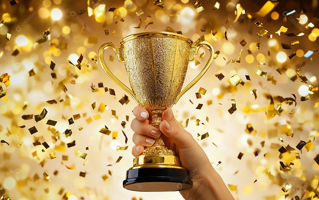Mão segurando a taça de troféu de ouro com confete