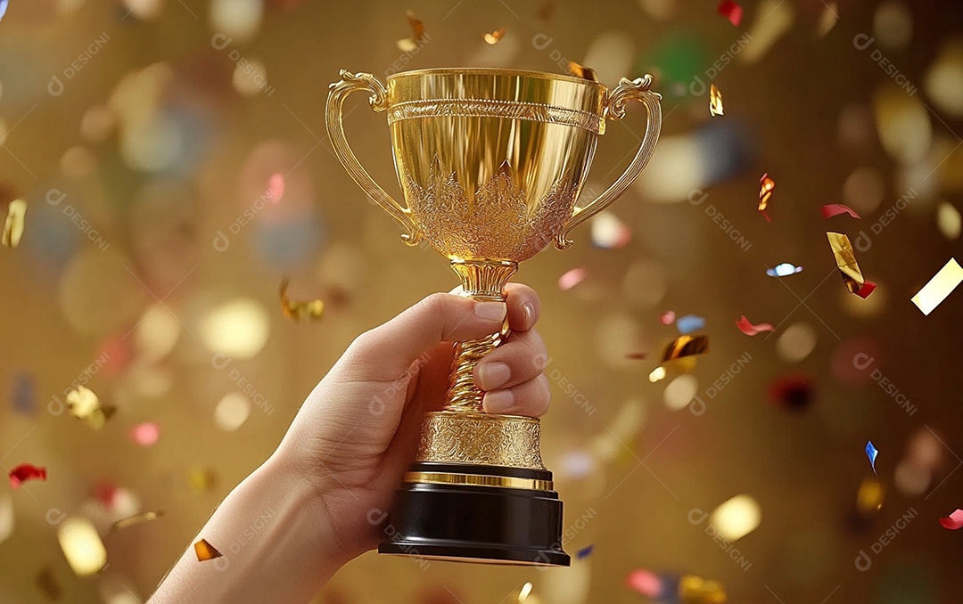 Mão segurando a taça de troféu de ouro com confete