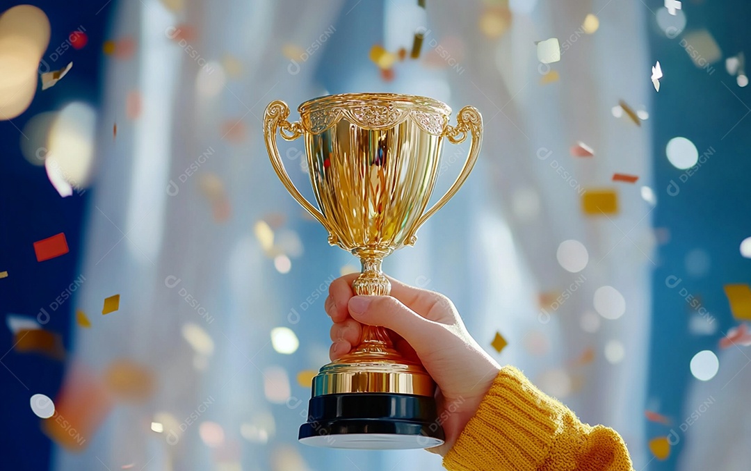Mão segurando a taça de troféu de ouro com confete