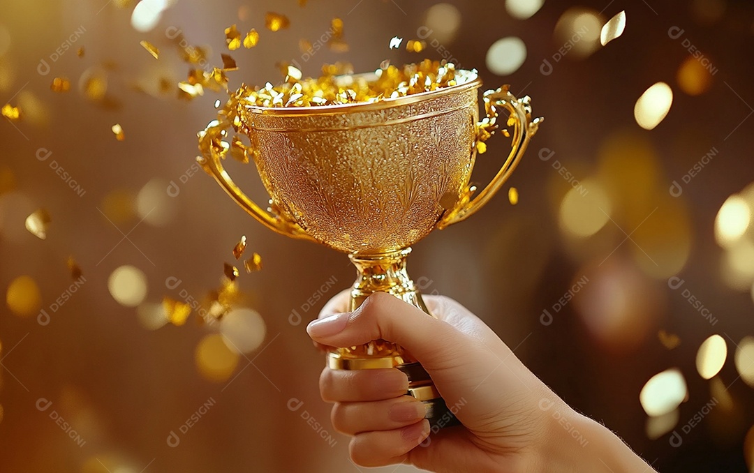 Mão segurando a taça de troféu de ouro com confete