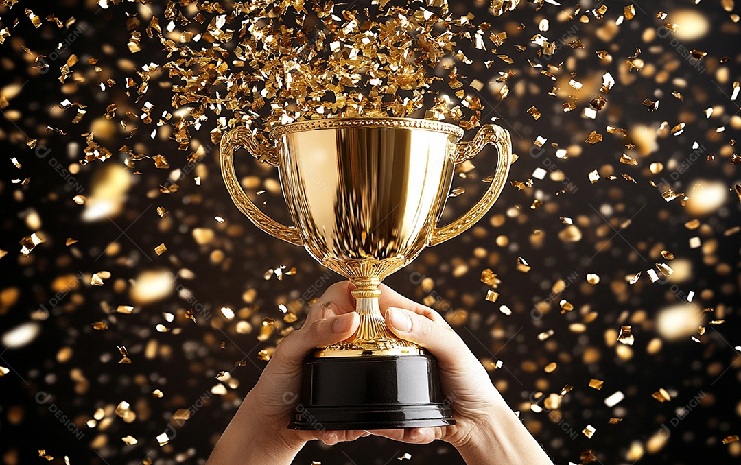 Mão segurando a taça de troféu de ouro com confete