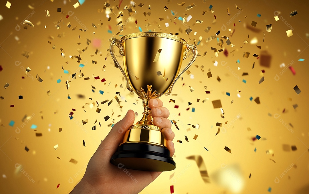 Mão segurando a taça de troféu de ouro com confete