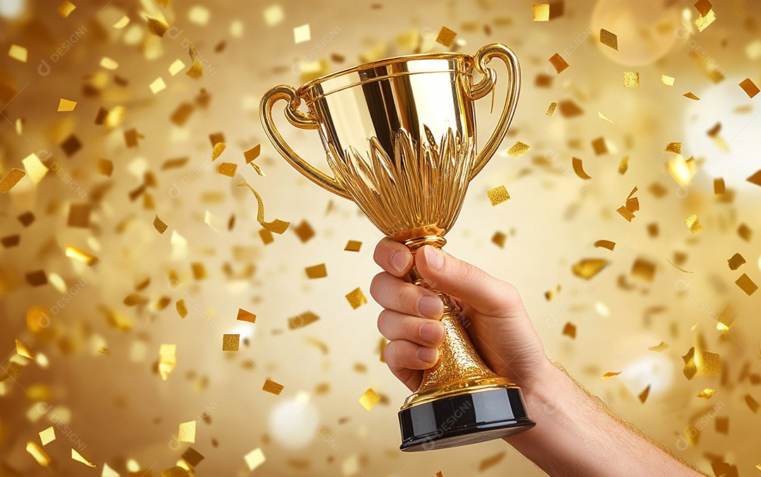 Mão segurando a taça de troféu de ouro com confete
