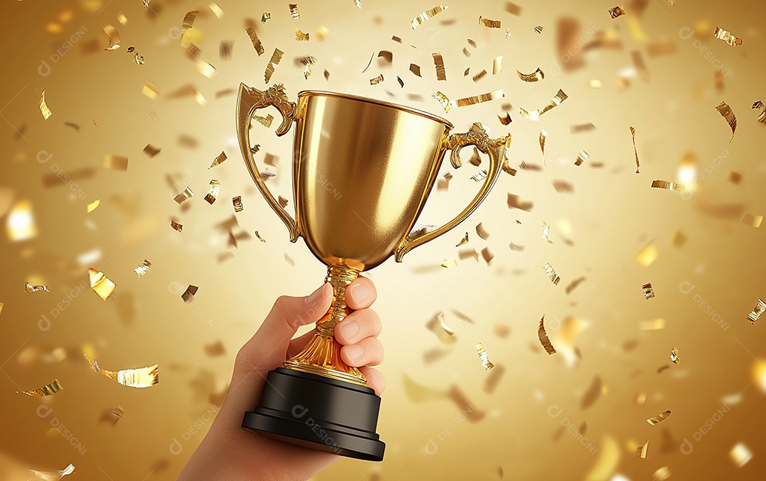 Mão segurando a taça de troféu de ouro com confete