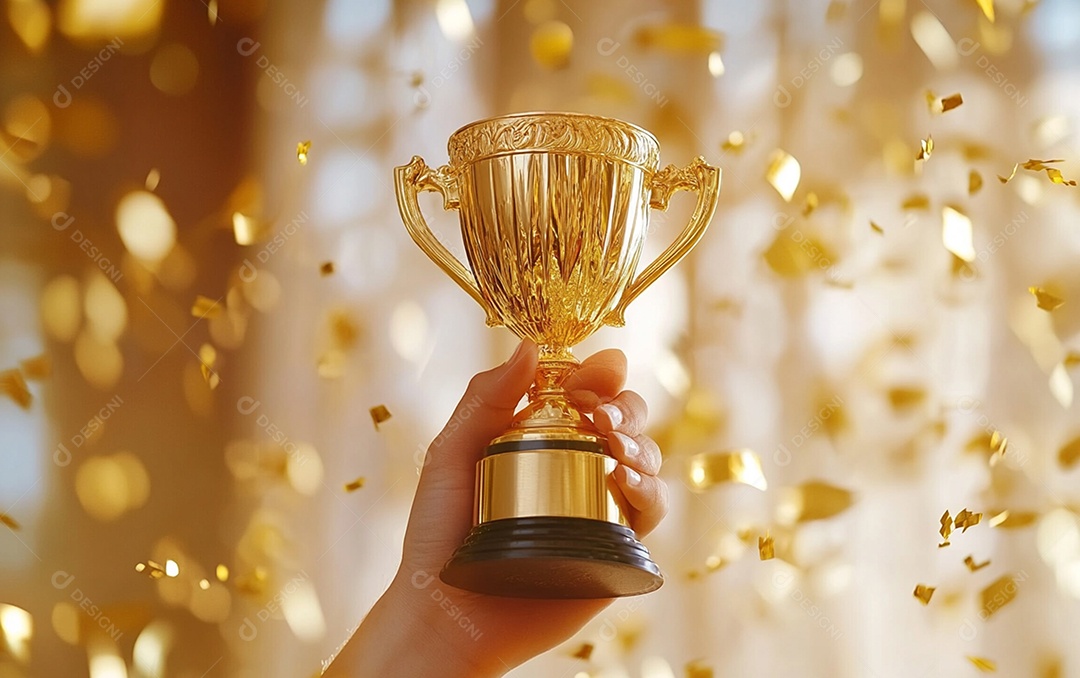 Mão segurando a taça de troféu de ouro com confete