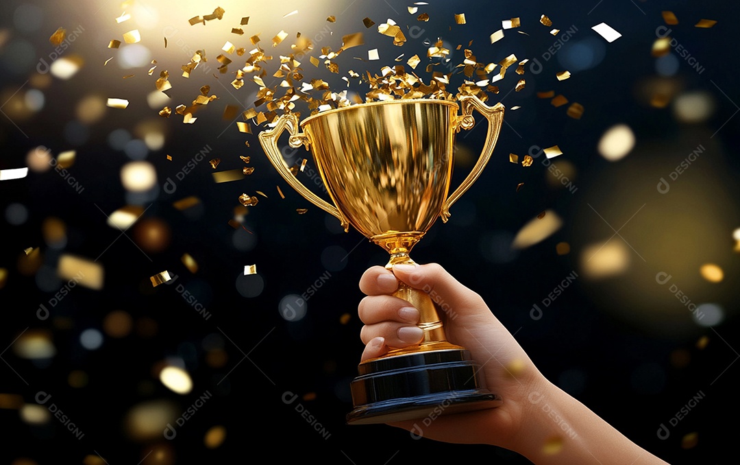 Mão segurando a taça de troféu de ouro com confete