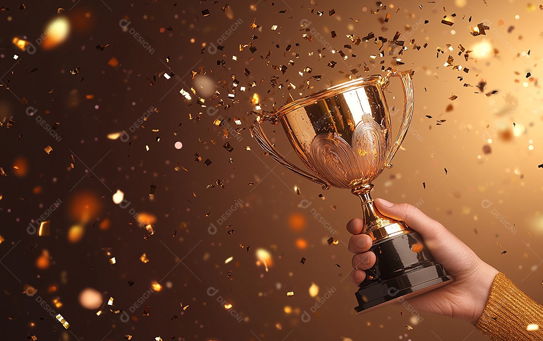 Mão segurando a taça de troféu de ouro com confete