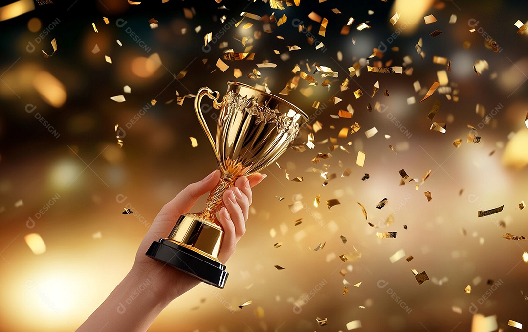 Mão segurando a taça de troféu de ouro com confete
