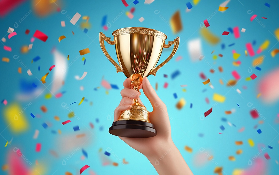 Mão segurando a taça de troféu de ouro com confete