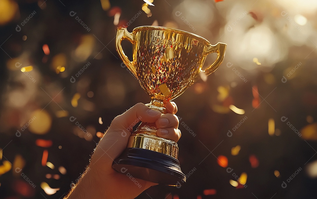 Mão segurando a taça de troféu de ouro com confete