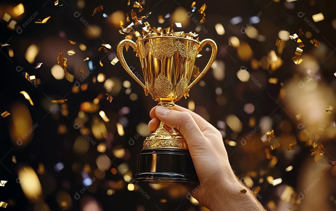 Mão segurando a taça de troféu de ouro com confete