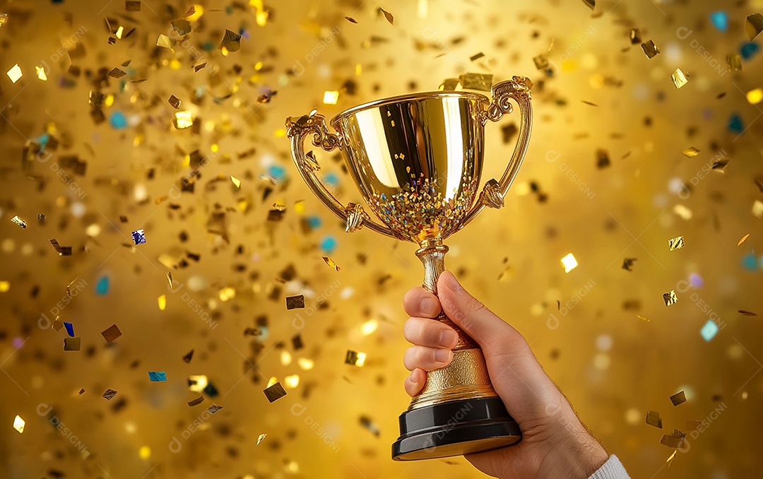 Mão segurando a taça de troféu de ouro com confete