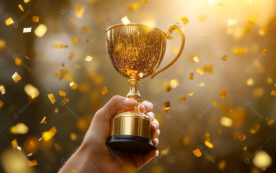 Mão segurando a taça de troféu de ouro com confete