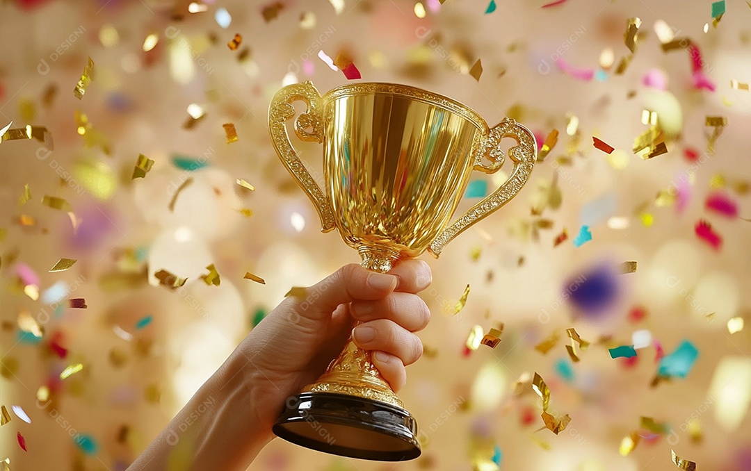 Mão segurando a taça de troféu de ouro com confete