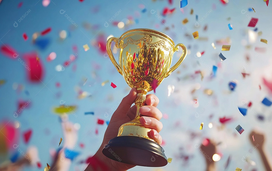 Mão segurando a taça de troféu de ouro com confete