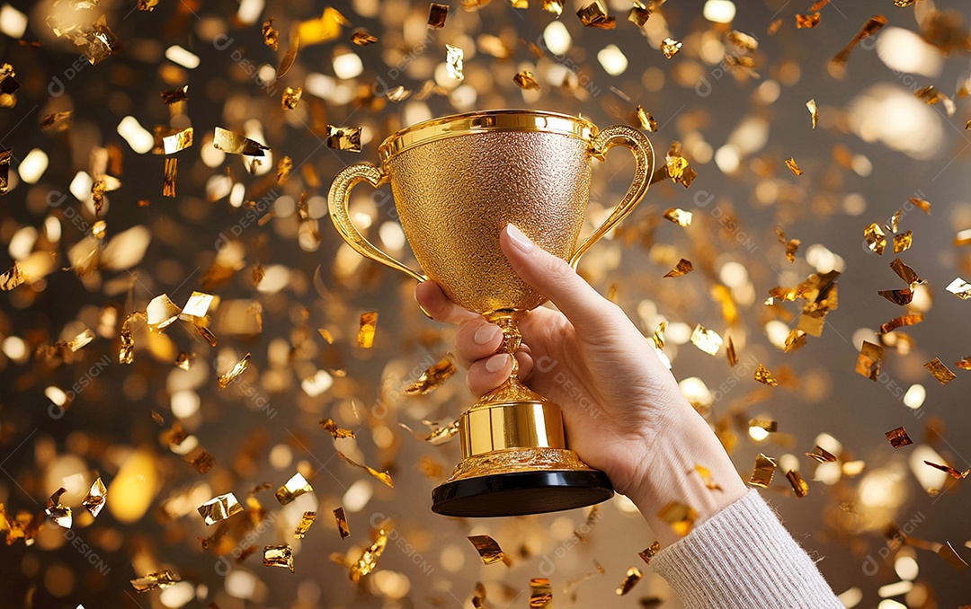 Mão segurando a taça de troféu de ouro com confete
