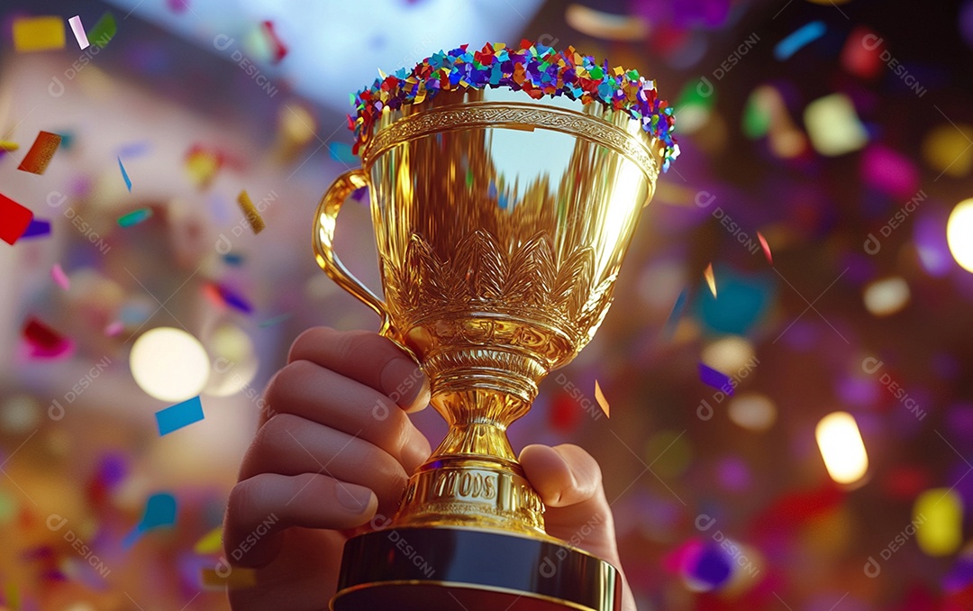Mão segurando a taça de troféu de ouro com confete