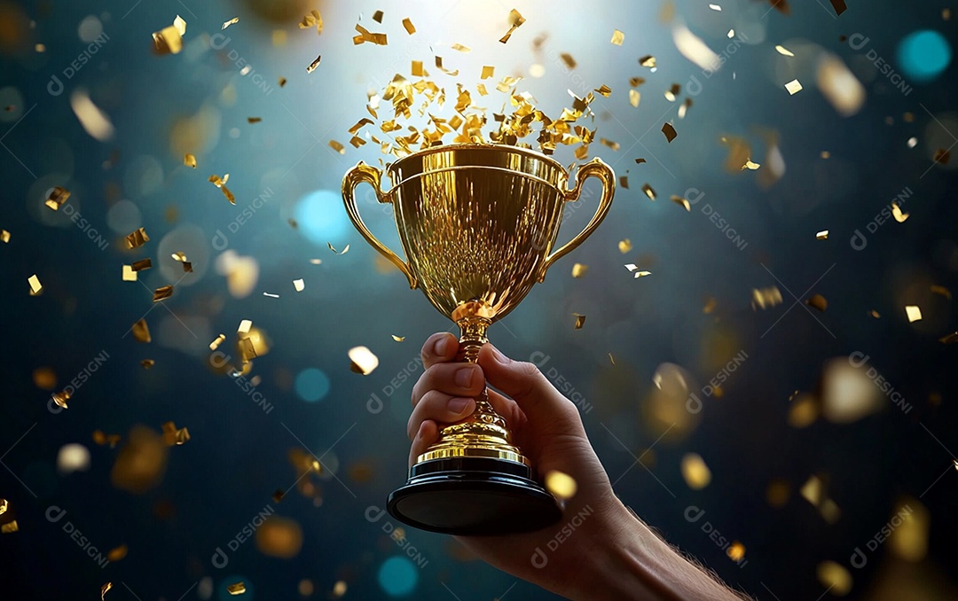 Mão segurando a taça de troféu de ouro com confete