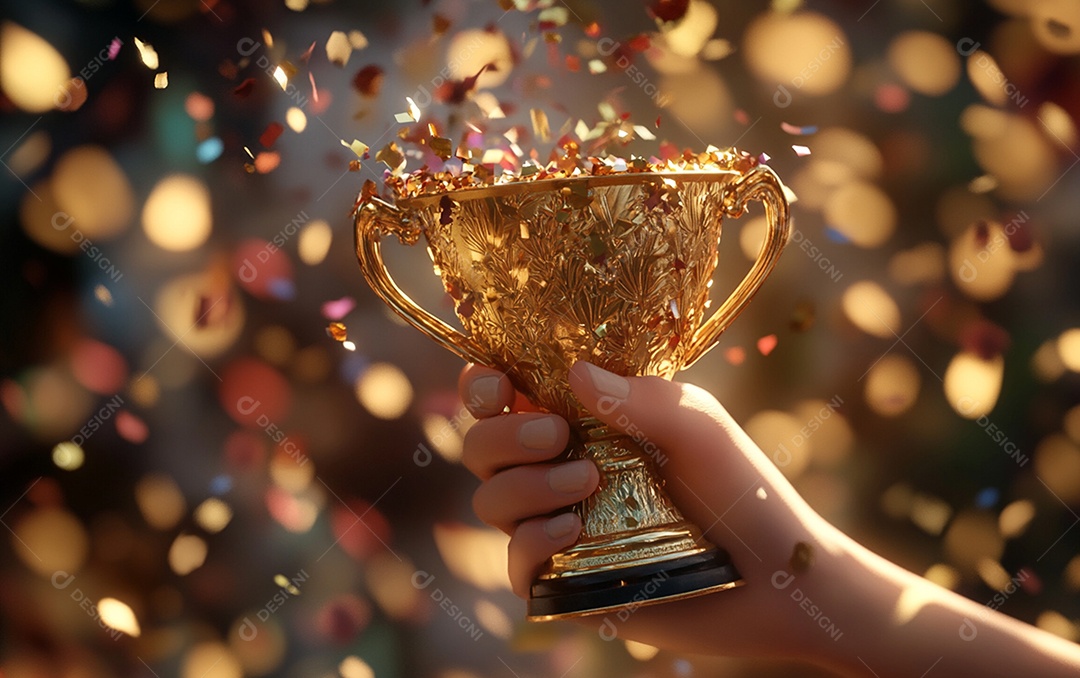 Mão segurando a taça de troféu de ouro com confete