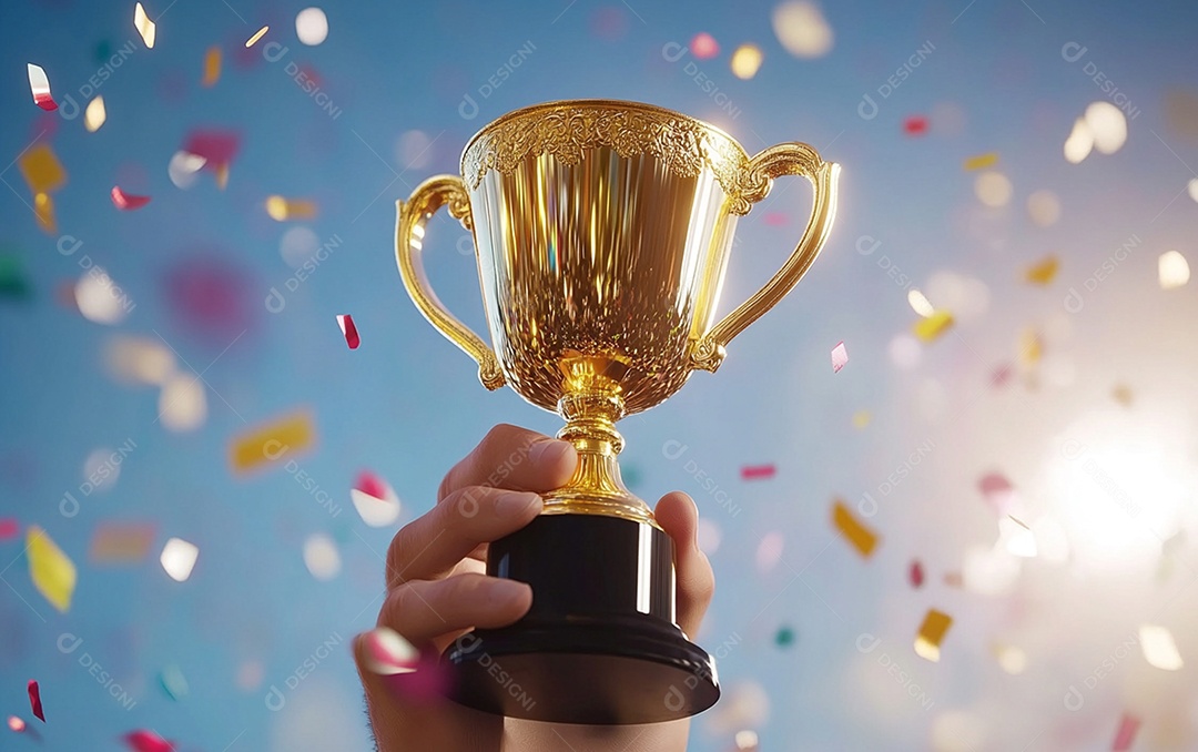 Mão segurando a taça de troféu de ouro com confete
