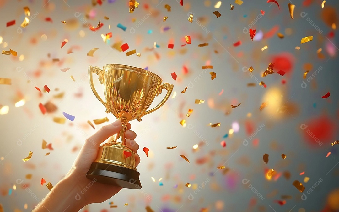 Mão segurando a taça de troféu de ouro com confete