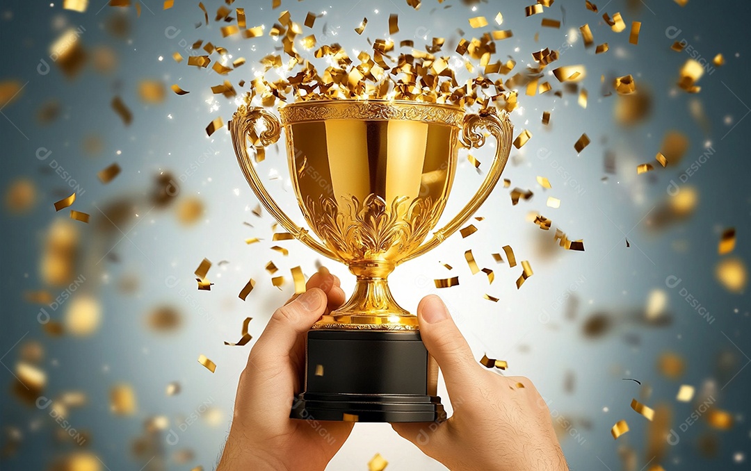 Mão segurando a taça de troféu de ouro com confete