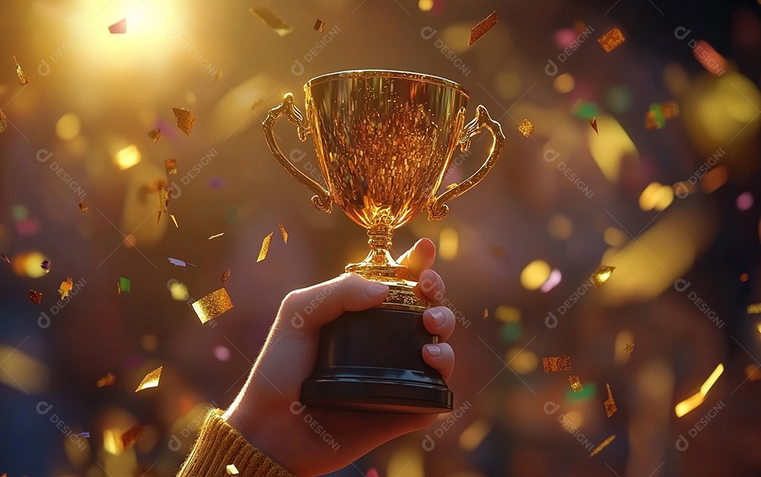 Mão segurando a taça de troféu de ouro com confete