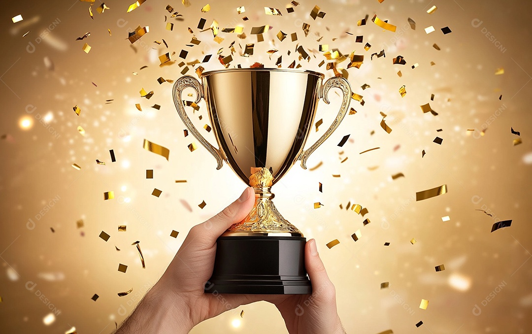Mão segurando a taça de troféu de ouro com confete