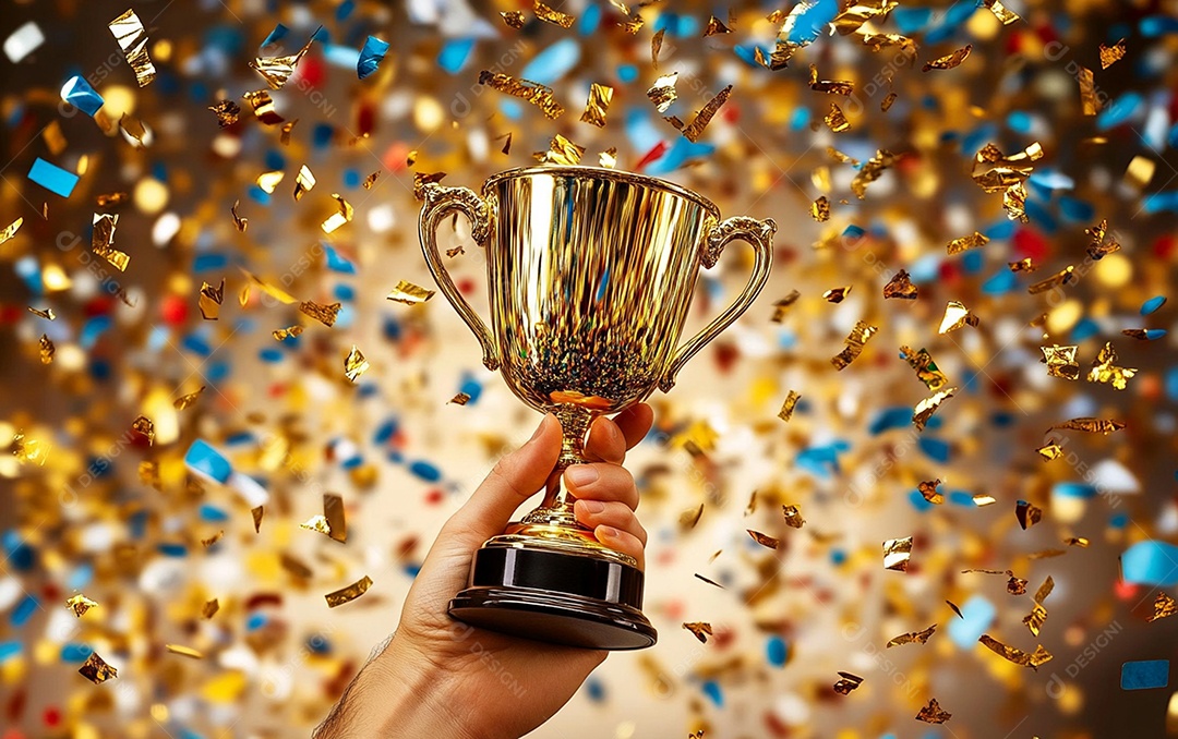 Mão segurando a taça de troféu de ouro com confete