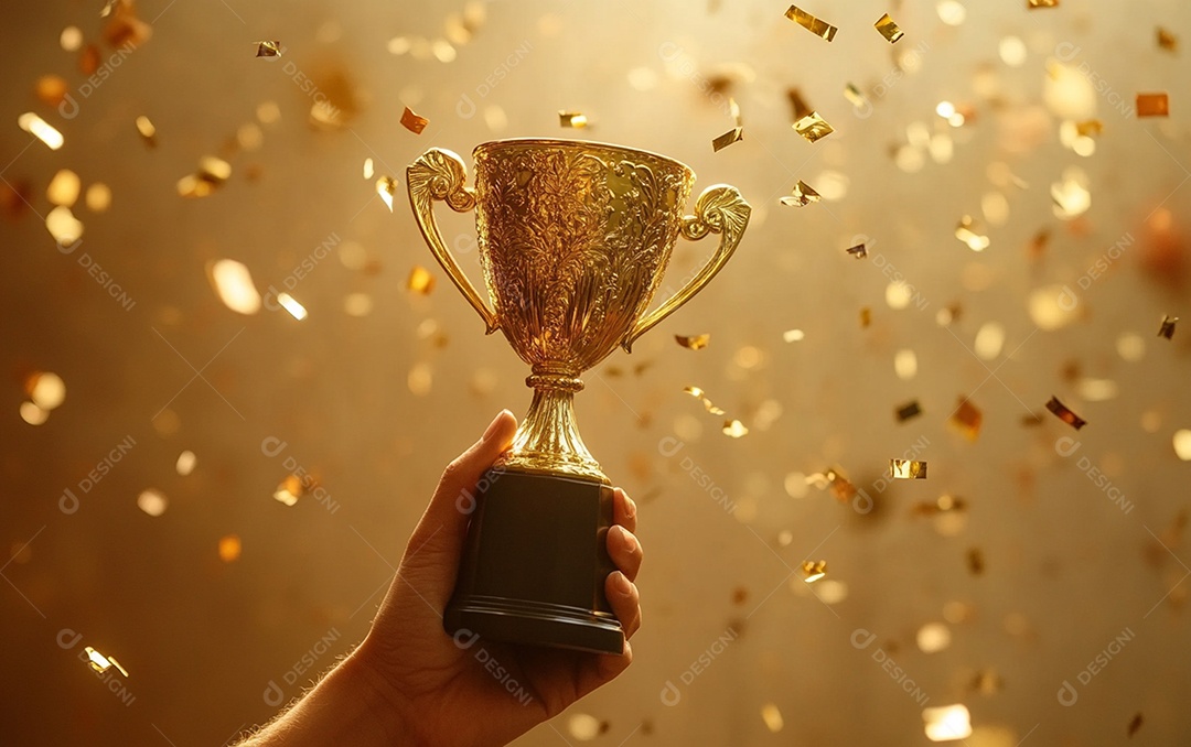 Mão segurando a taça de troféu de ouro com confete