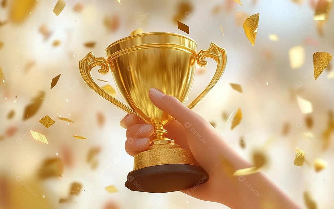 Mão segurando a taça de troféu de ouro com confete