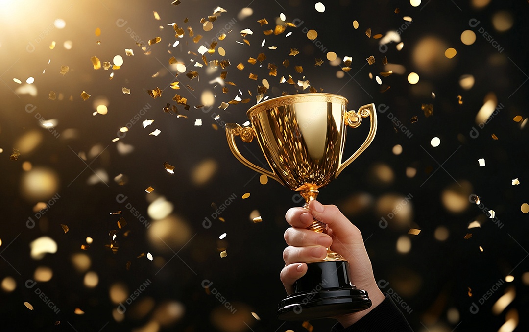 Mão segurando a taça de troféu de ouro com confete