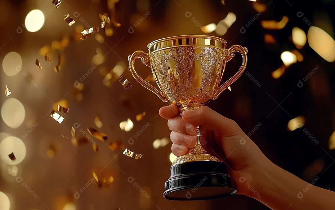 Mão segurando a taça de troféu de ouro com confete
