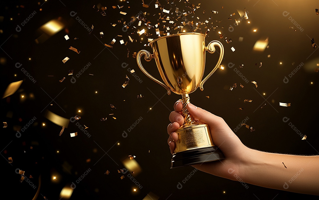 Mão segurando a taça de troféu de ouro com confete
