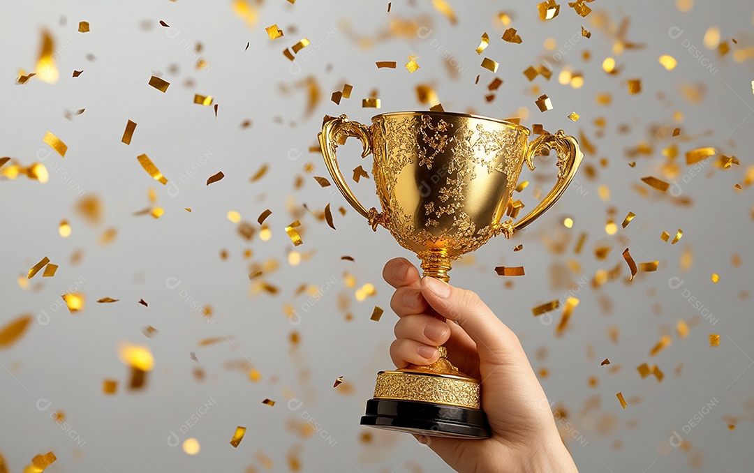 Mão segurando a taça de troféu de ouro com confete