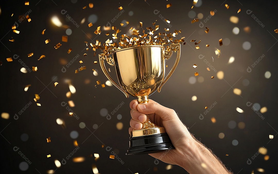Mão segurando a taça de troféu de ouro com confete