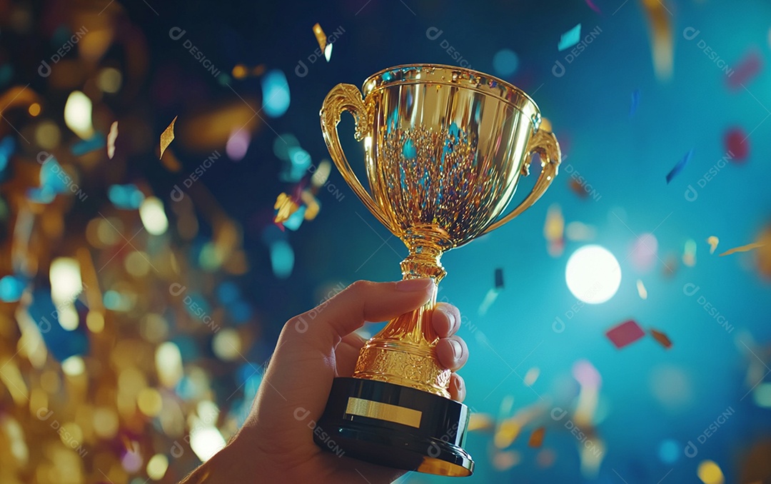 Mão segurando a taça de troféu de ouro com confete