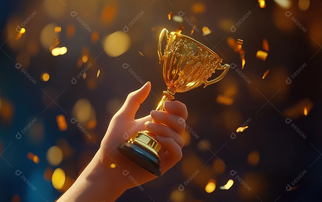 Mão segurando a taça de troféu de ouro com confete