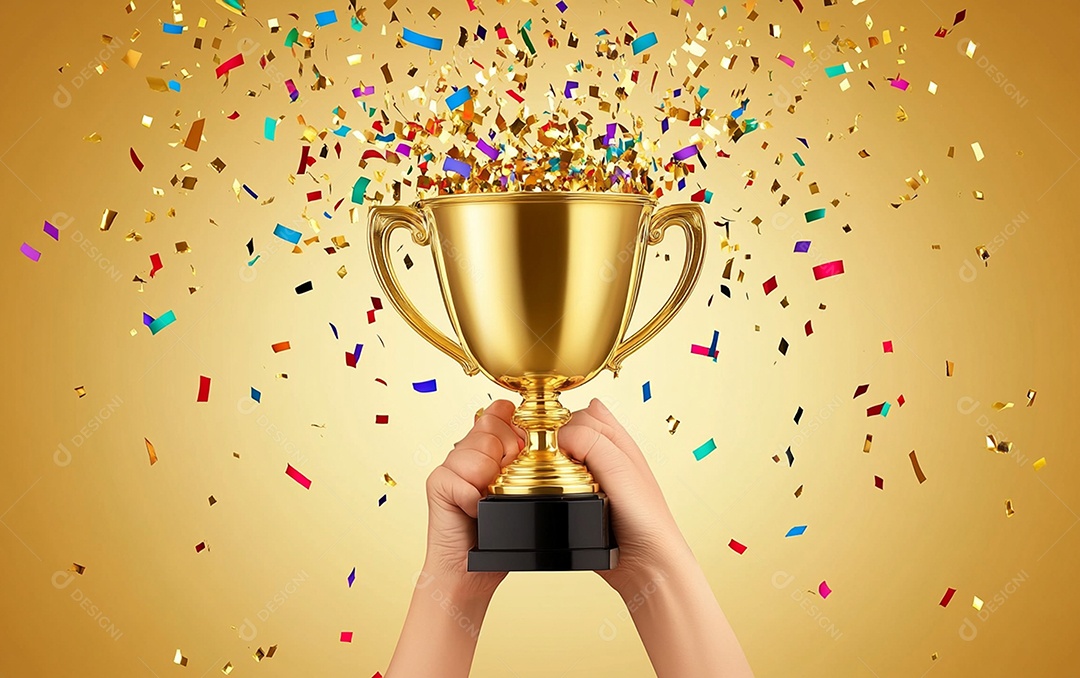 Mão segurando a taça de troféu de ouro com confete