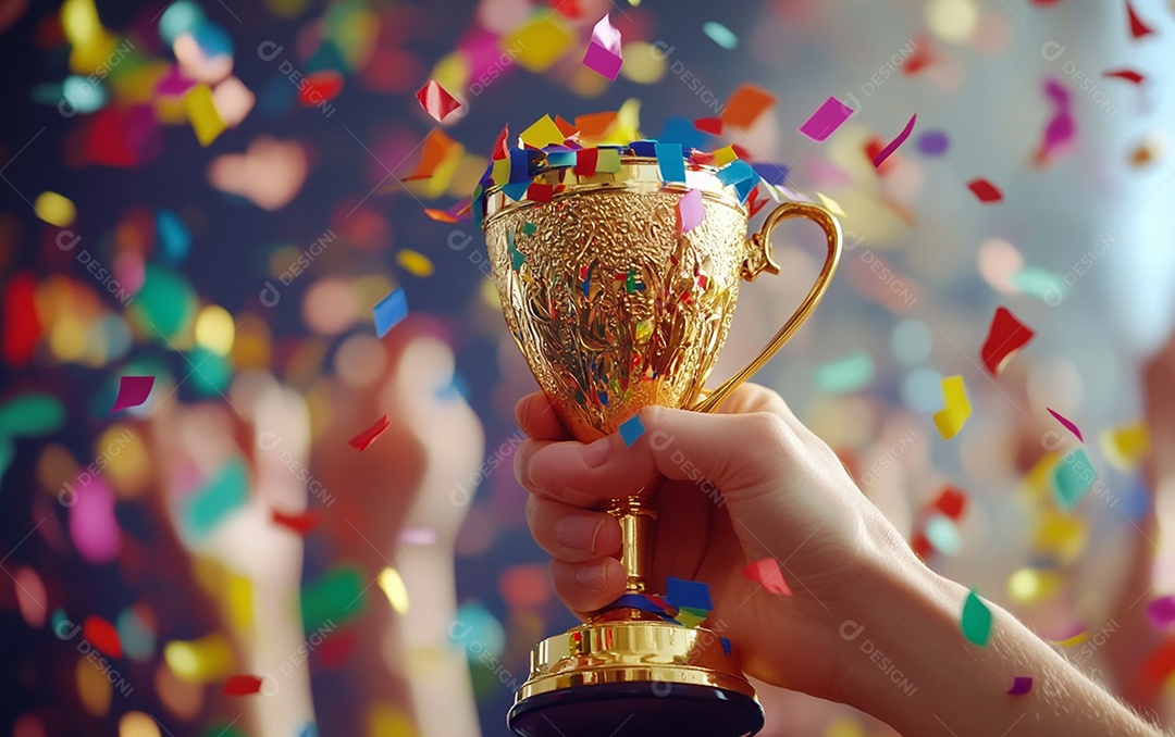 Mão segurando a taça de troféu de ouro com confete
