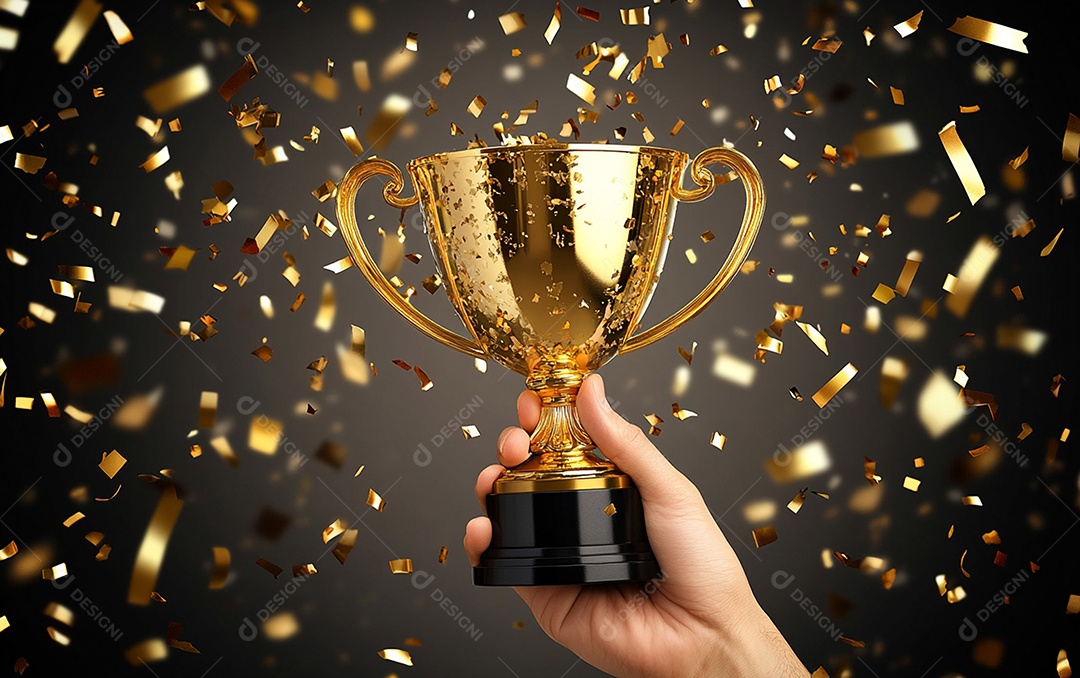 Mão segurando a taça de troféu de ouro com confete