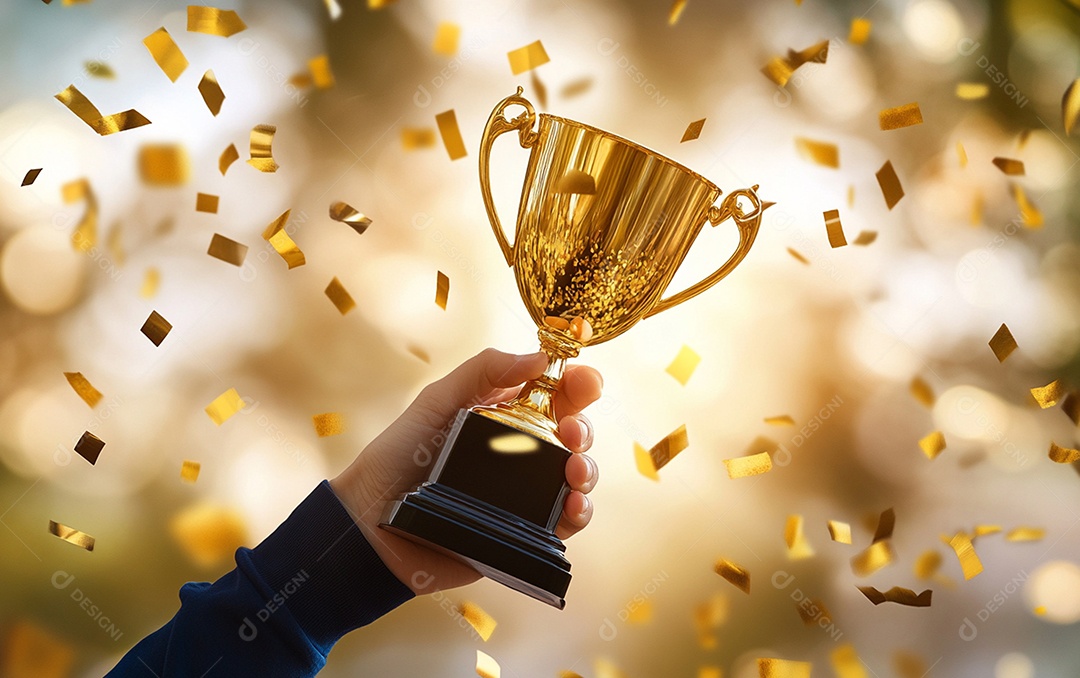 Mão segurando a taça de troféu de ouro com confete