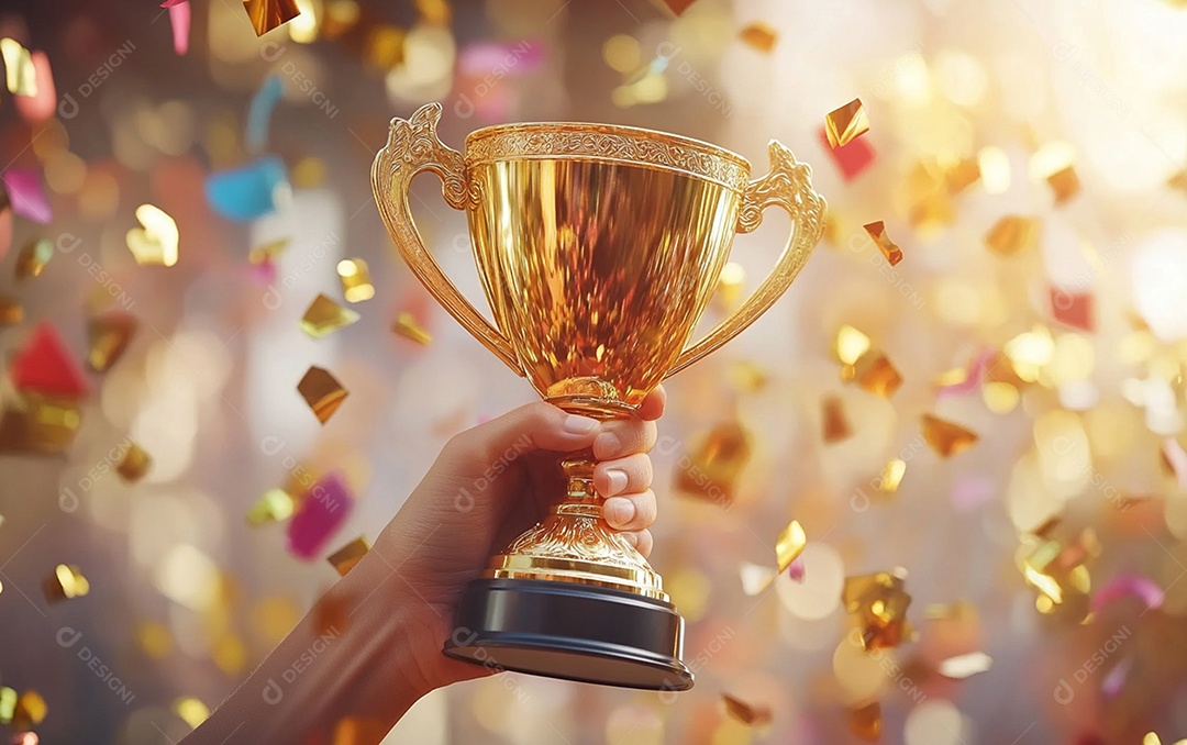 Mão segurando a taça de troféu de ouro com confete