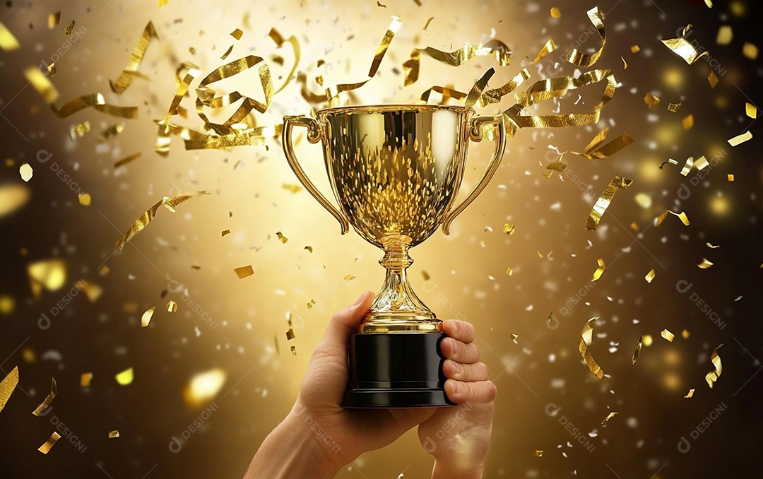 Mão segurando a taça de troféu de ouro com confete