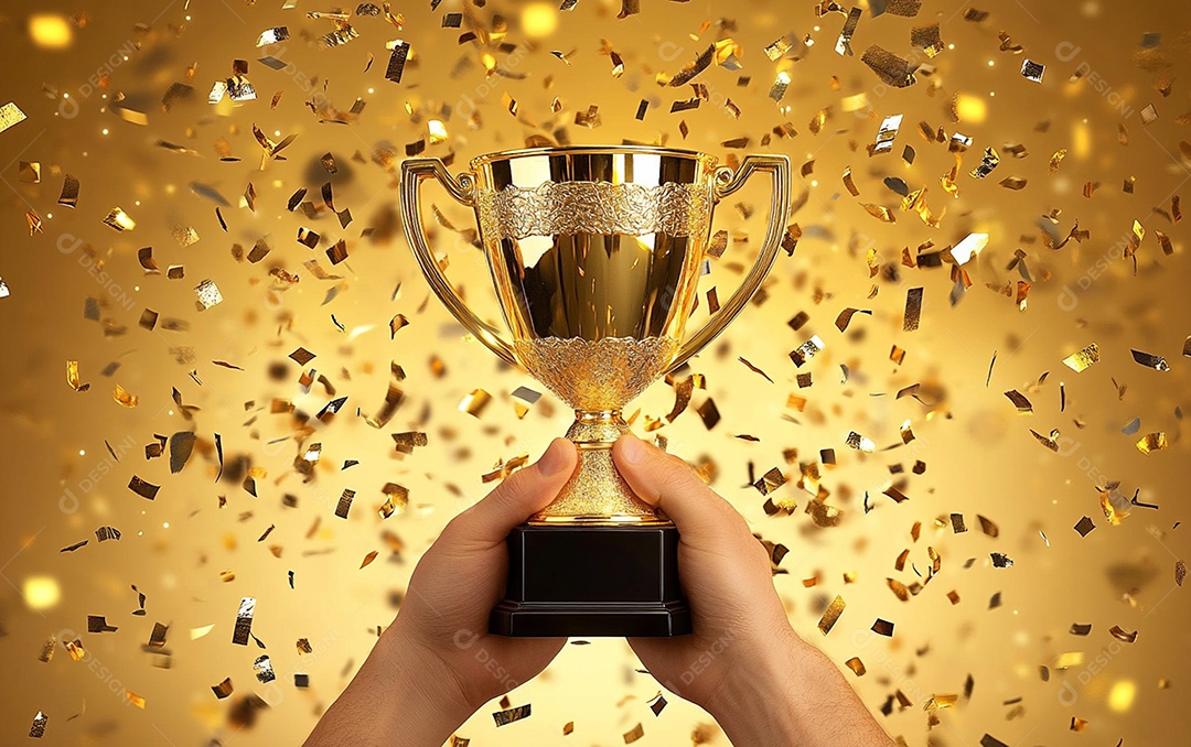 Mão segurando a taça de troféu de ouro com confete