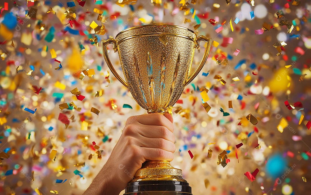 Mão segurando a taça de troféu de ouro com confete